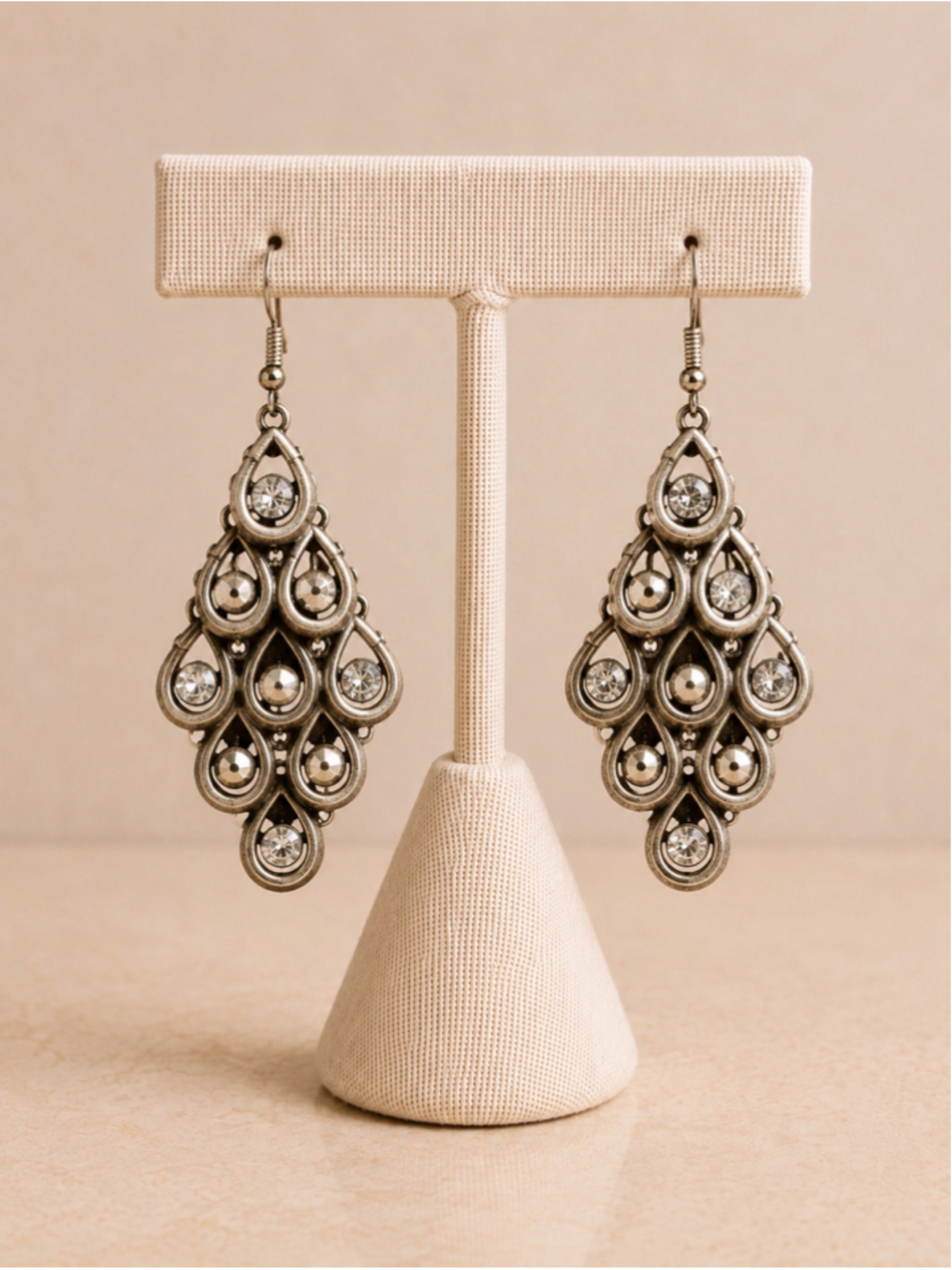 Vintage Antiqued Silver Tone Crystal Teardrop Chandelier Dangle Earrings Boho